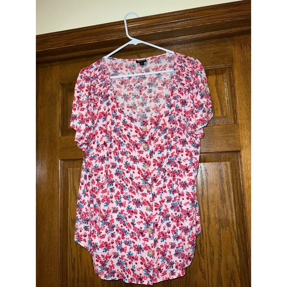 Torrid Rayon Slub Button-Front Flutter Sleeve Top - image 1